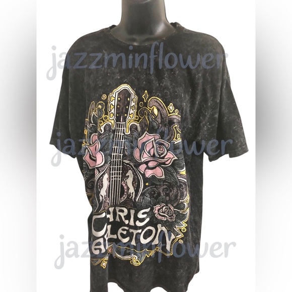 Chris Stapleton black washed vintage look pink rose guitar tshirt size large new - Picture 1 of 13